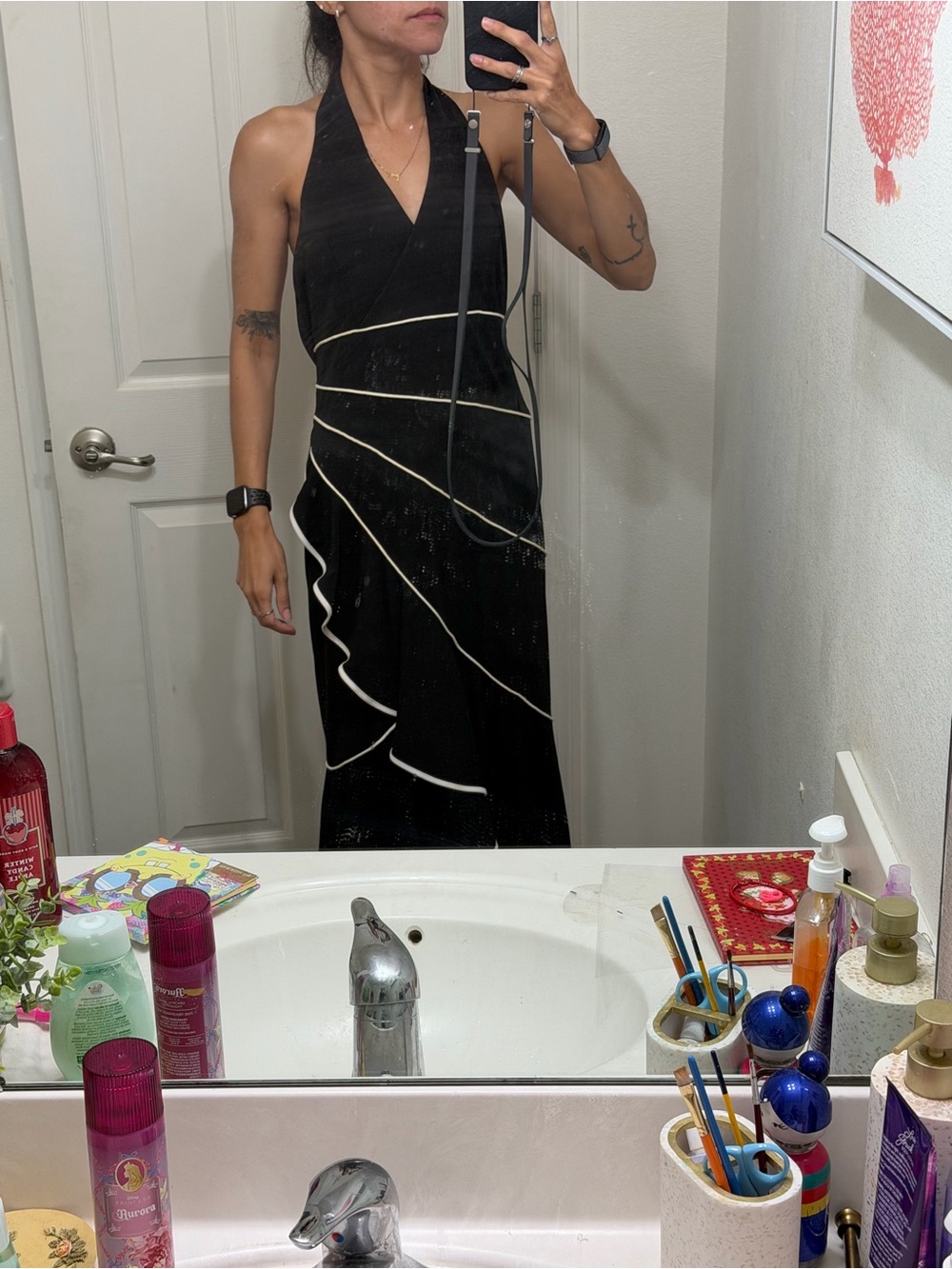 Niki Livas Black Halter Evening Gown Size 14 White Trim Ruffle Formal Dress